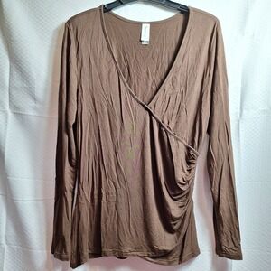 BEAUHUTY 90s Y2K Surplice Babydoll Top Sz XL Chocolate Brown Sweetheart Neckline